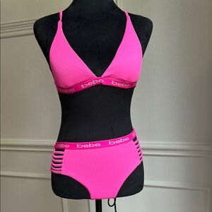 Bebe Neon Pink Strappy Bikini, Size Small